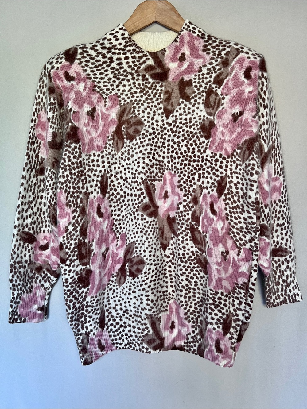 Animal Print & Pink Rose Sweater Fuzzy Soft Knit Fits Size S-M